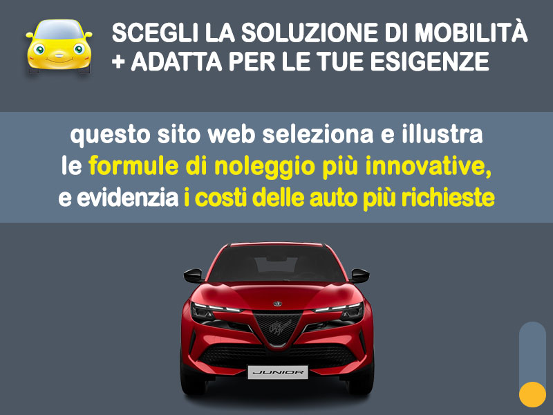 Offerta SUV e CrossOver Noleggio no scoring SUV compatto 24 mesi a canone zero: ALFA ROMEO JUNIOR ibrida, JEEP RENEGADE 1.5 T4 Hybrid, FIAT 500X 1.6 Multijet - l'innovativa formula promossa da MT MOTORS La Formula comprende vetture con varia alimentazione  foto 1
