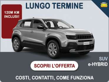 Offerta SUV e CrossOver Noleggio JEEP AVENGER e-Hybrid 1.2 MHEV Turbo Altitude: scopriamo l'offerta promossa dal broker Medicredit Rent Ibrida - benzina (MHEV) 